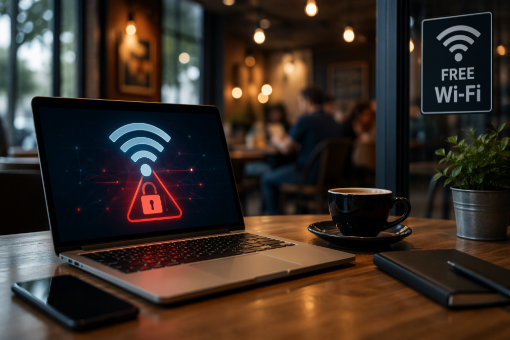 Laptop next to a coffee cup in a coffee shop. The screen shows a wifi symbol with a red padlock