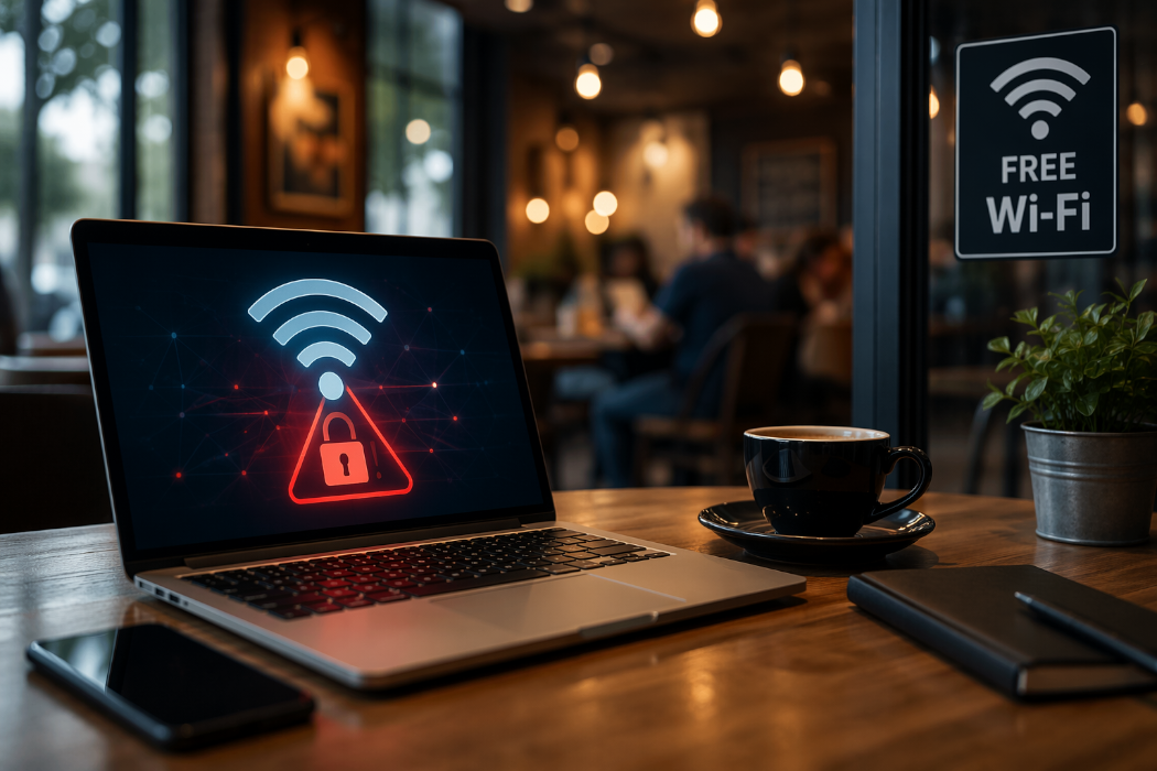 Laptop next to a coffee cup in a coffee shop. The screen shows a wifi symbol with a red padlock